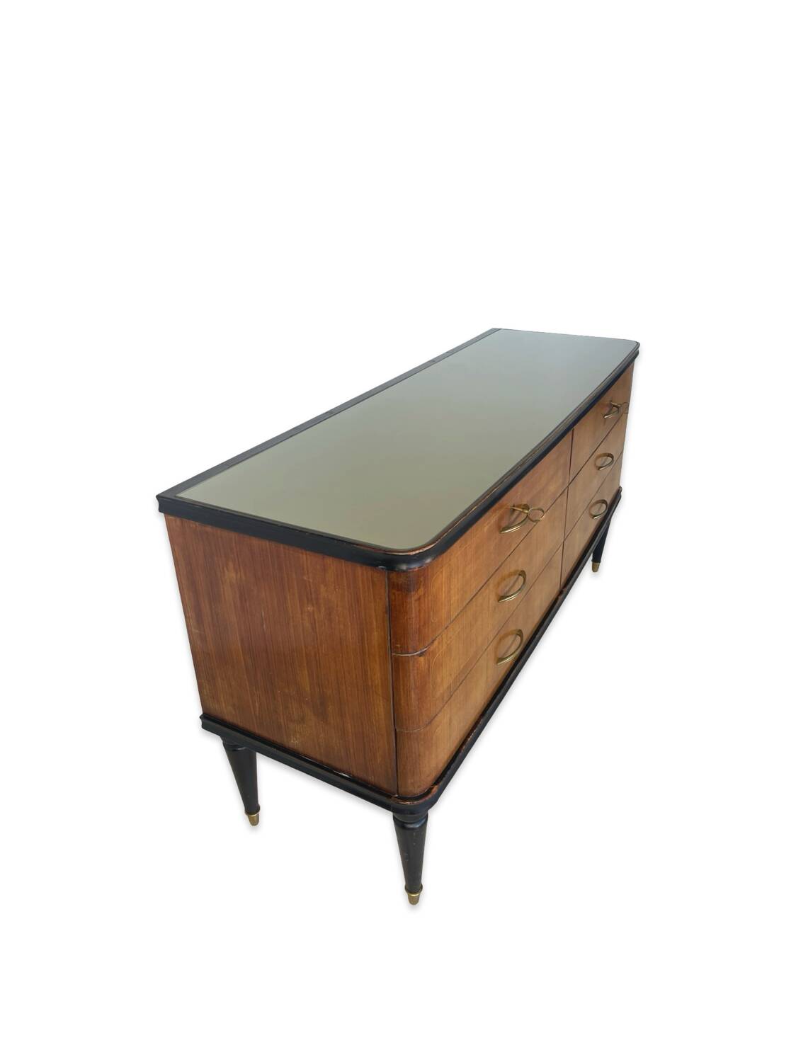Commode en acajou plaqué avec plateau en verre vert, années 1950