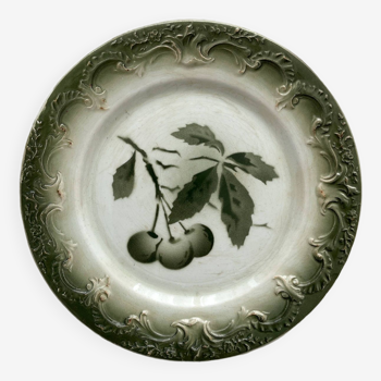 Old iron earth dessert plate decorated with Pexonne earthenware cherries