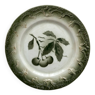 Antique iron earth dessert plate with cherry decoration, Pexonne earthenware