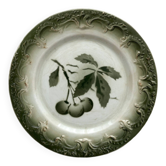 Old iron earth dessert plate decorated with Pexonne earthenware cherries