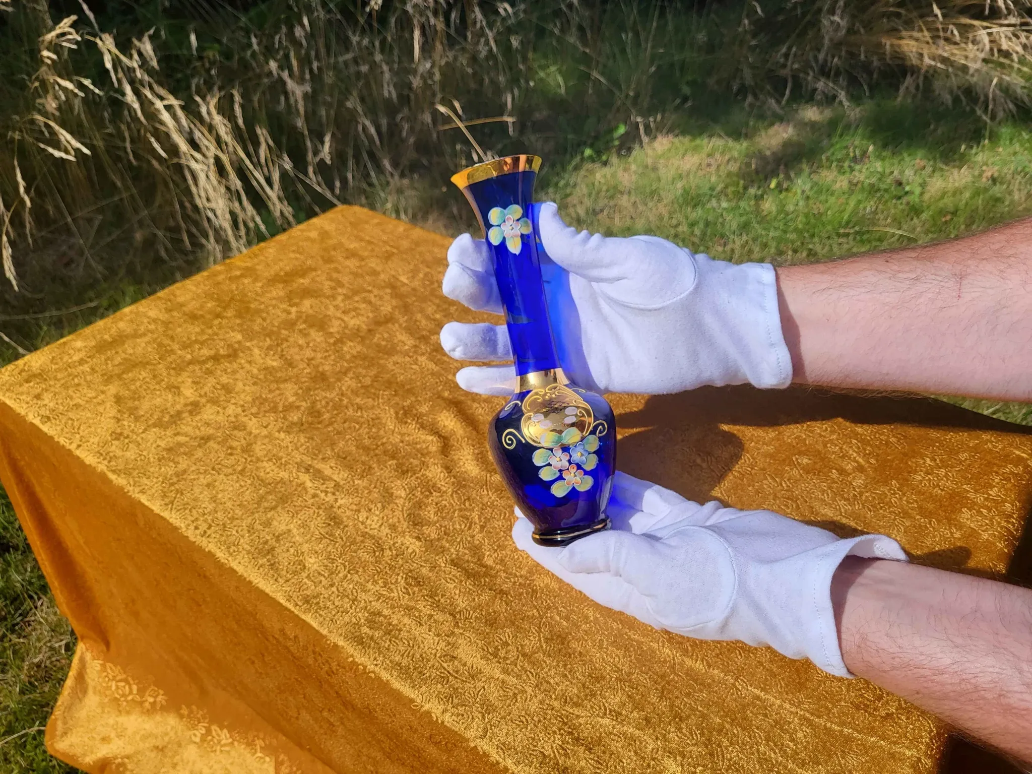 Vintage Bohemian Cobalt Blue Glass Bud Vase | 24K Gold Gilt & Hand-Painted
