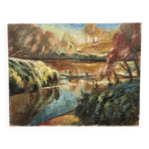 Large oil on panel "La Pirogue"