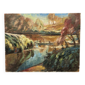 Large oil on panel "La Pirogue"
