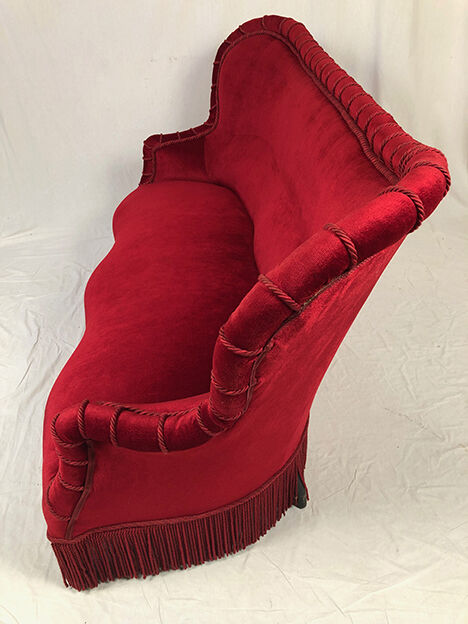 Napoleon III confidant sofa, red velvet trim redone
