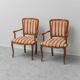 Paire de fauteuils de style parisien en bois avec des accoudoirs en tissu rayé, vintage.