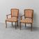 Pair of Parisian-style armchairs in wood with striped fabric armrests, vintage