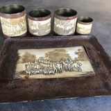 Old OFFICE kit Brass and LEATHER, 1 Tray with 4 Pots decoration HUNTING to RUN