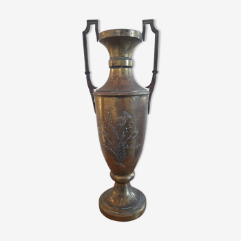Brass amphora vase - copper art deco style on pedestal with floral pattern handles