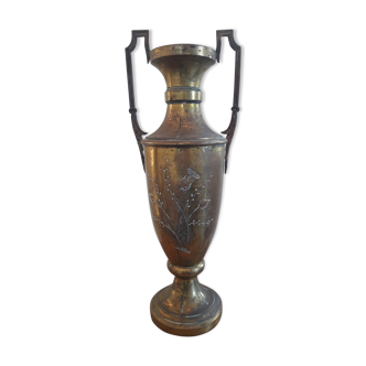 Brass amphora vase - copper art deco style on pedestal with floral pattern handles