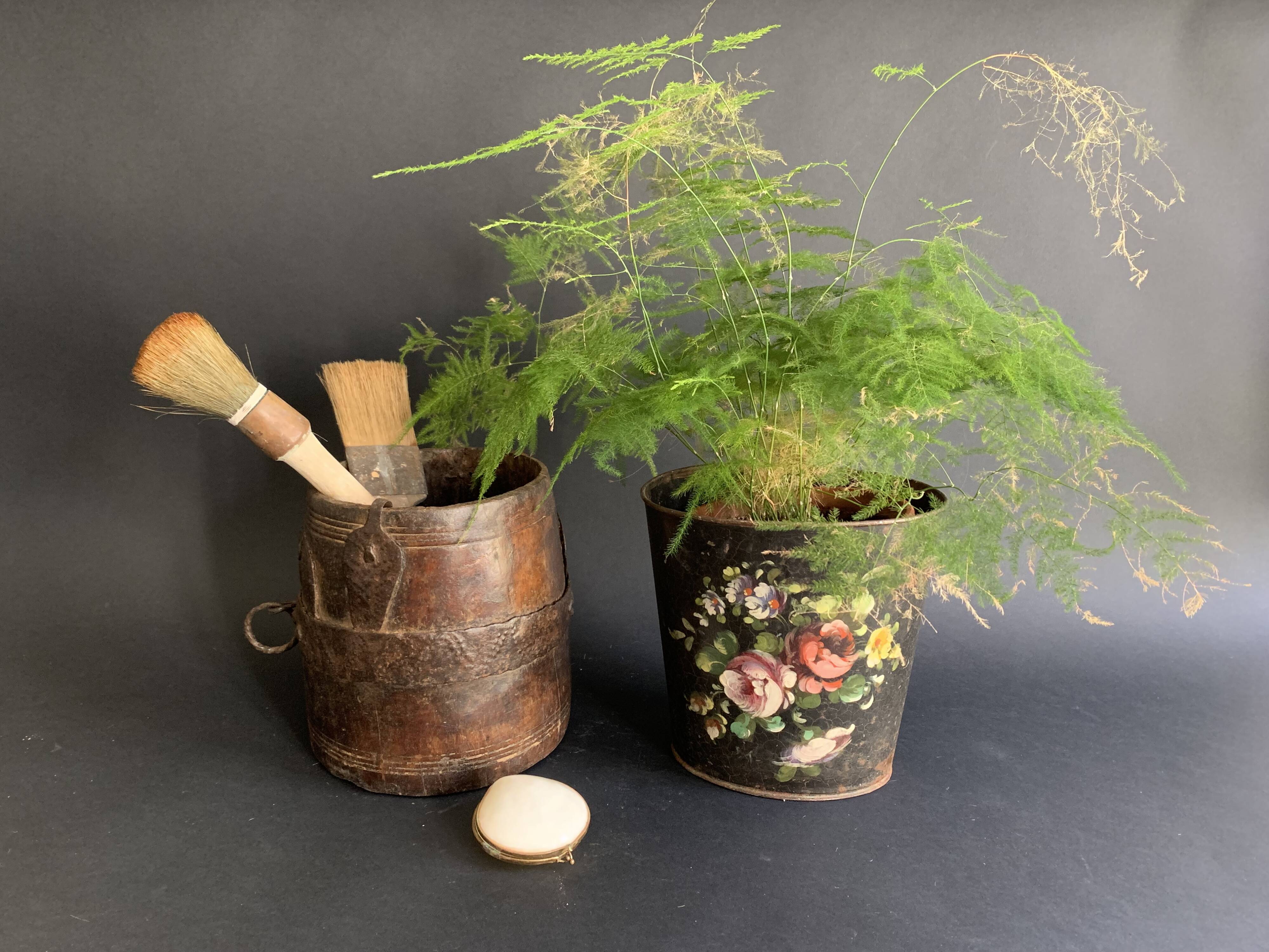 Large measuring pot in wood and old iron, 19th century folk art