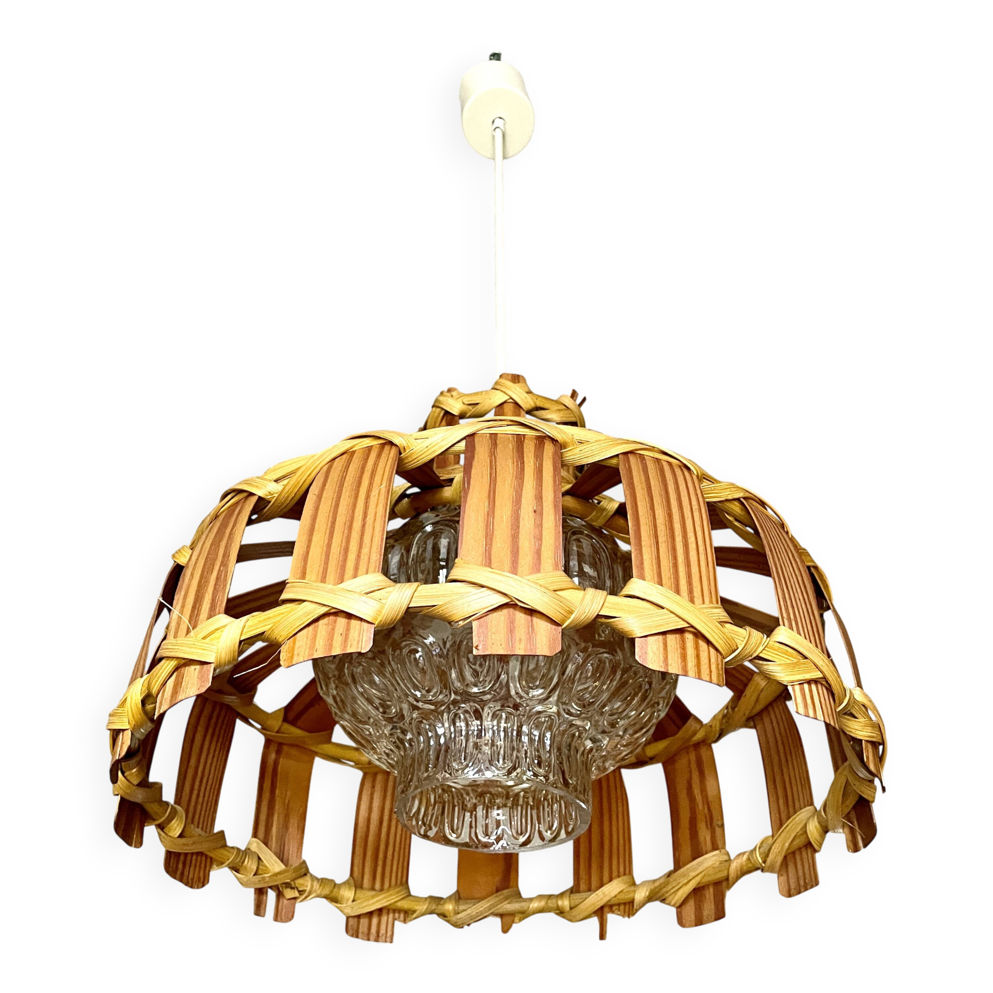 Scandinavian pendant light with wood veneer and bubble glass, 1970