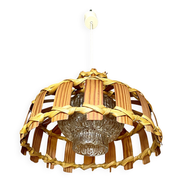 Scandinavian pendant light with wood veneer and bubble glass, 1970
