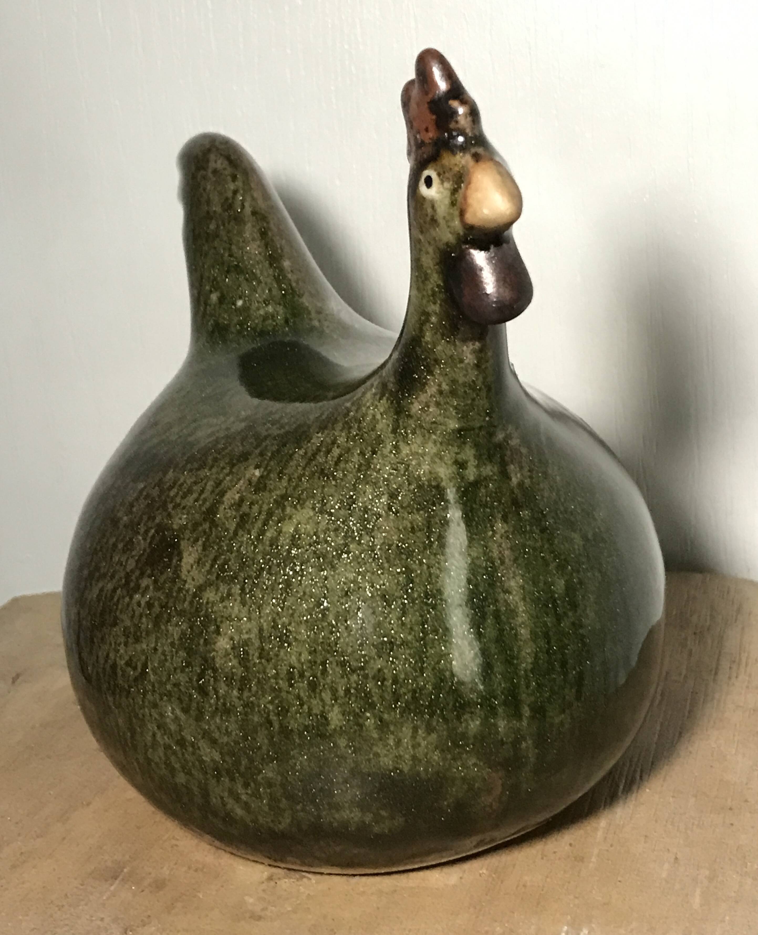 Vintage Rooster Figurine in Olive Green Glazed Stoneware with Glitter Effect 16 cm