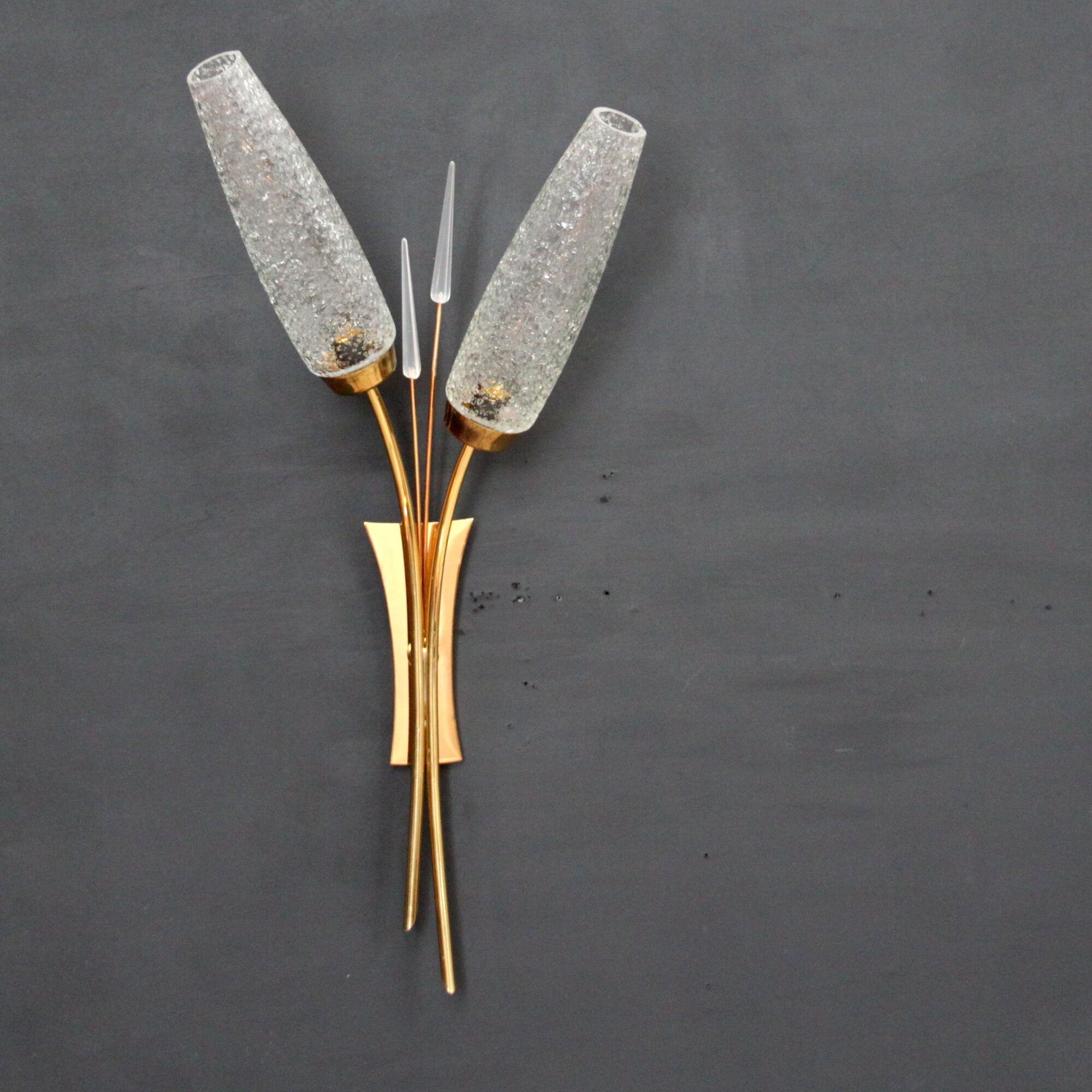 Pair of brass and moulded glass wall lamps, circa 1950