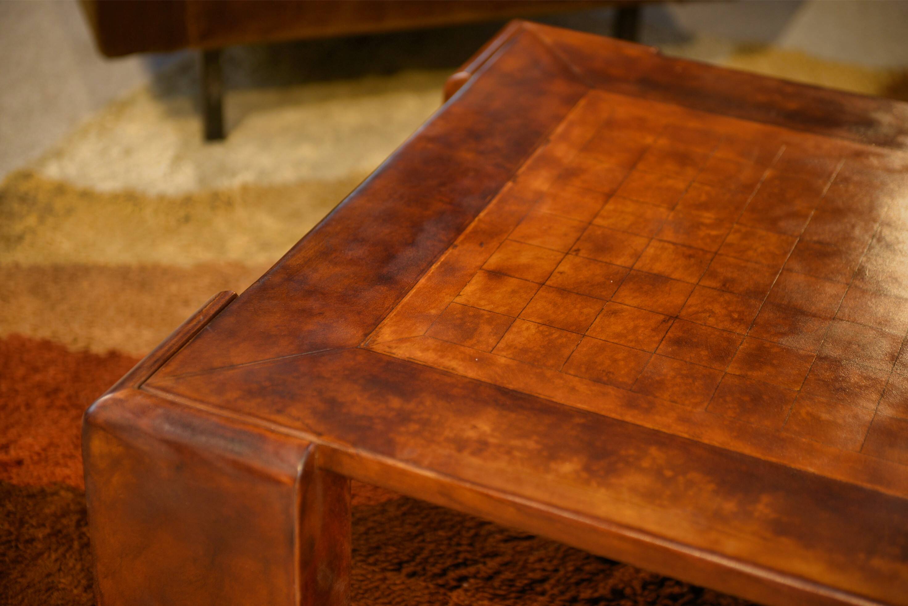 Patinated leather coffee table from the 1950s.