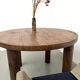 Modernist round table, solid oak, cylindrical pine base, DLG Perrian.