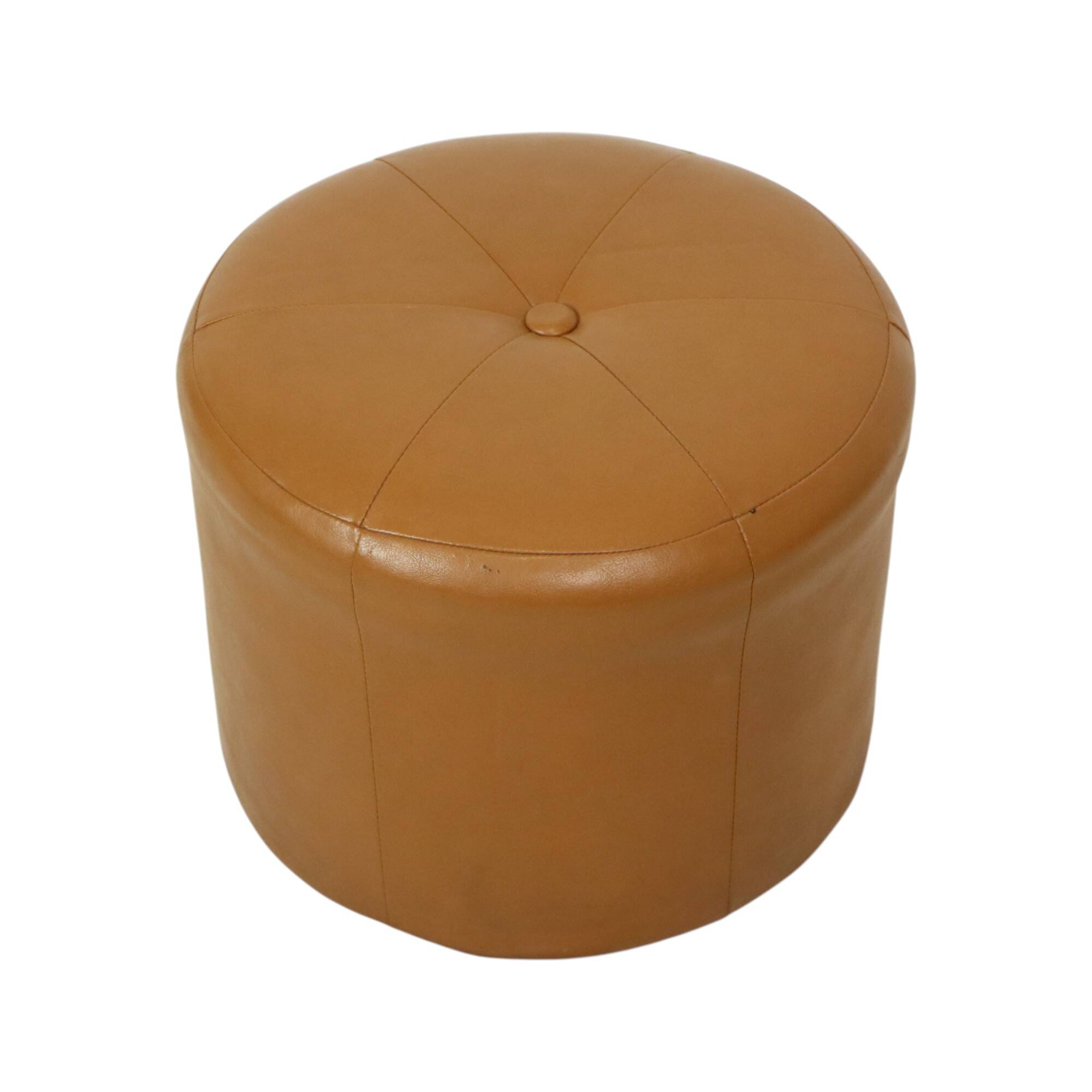 Round Vintage Pouf Camel Brown Skai Faux Leather
