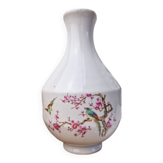 Vase coréen en céramique vintage décor cerisier et oiseaux