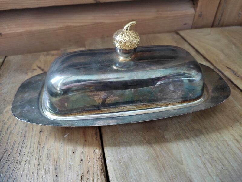 Butter dish silver metal cup glass acorn gilded