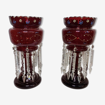 Porte-ananas vases cristal rouge émaillé mirzas Napoléon III XIXème