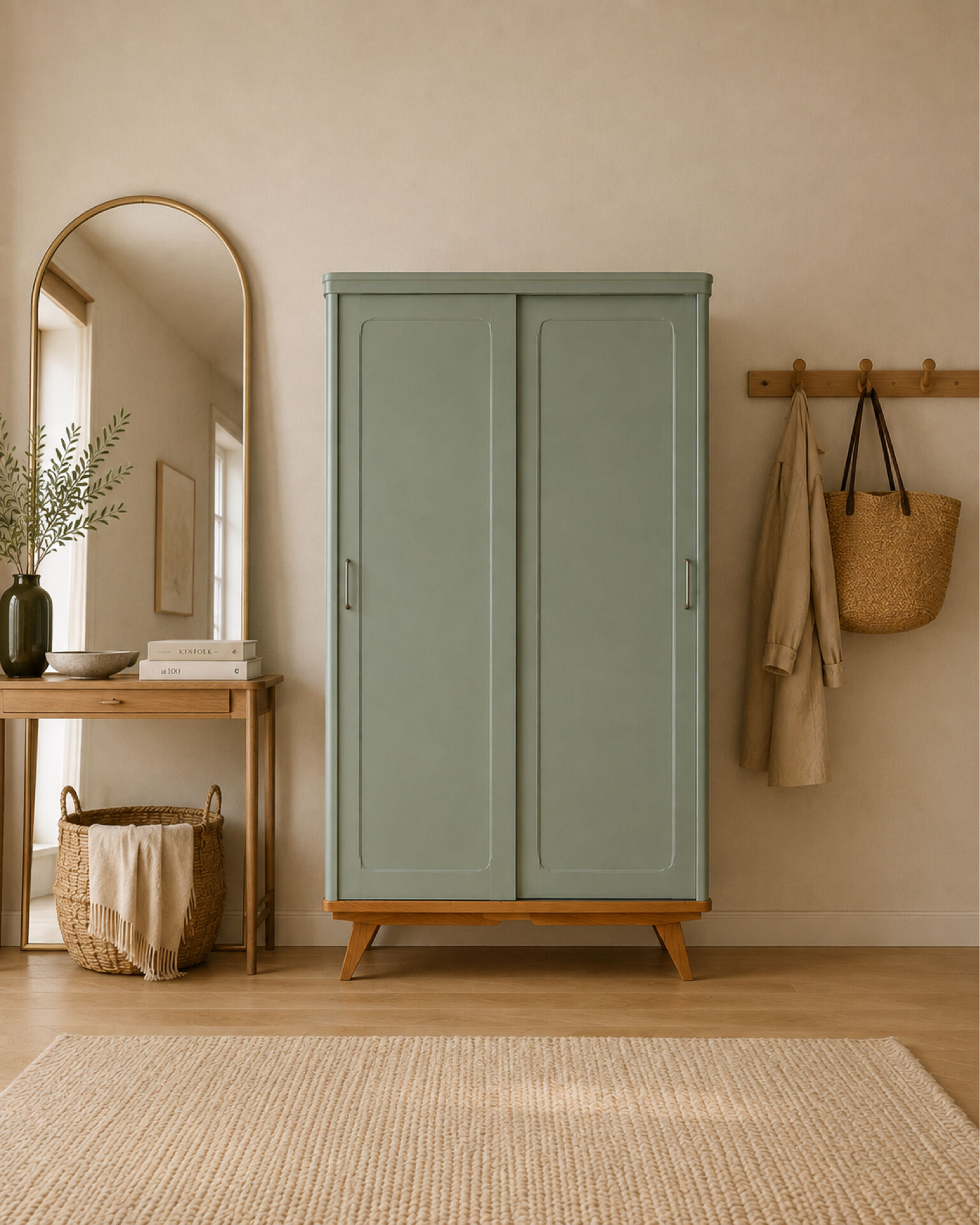 Armoire parisienne penderie 1960 vert grisé rénovée 