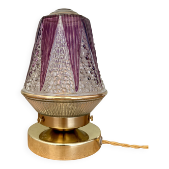 Lampe à poser globe vintage Art Déco en verre transparent et violet