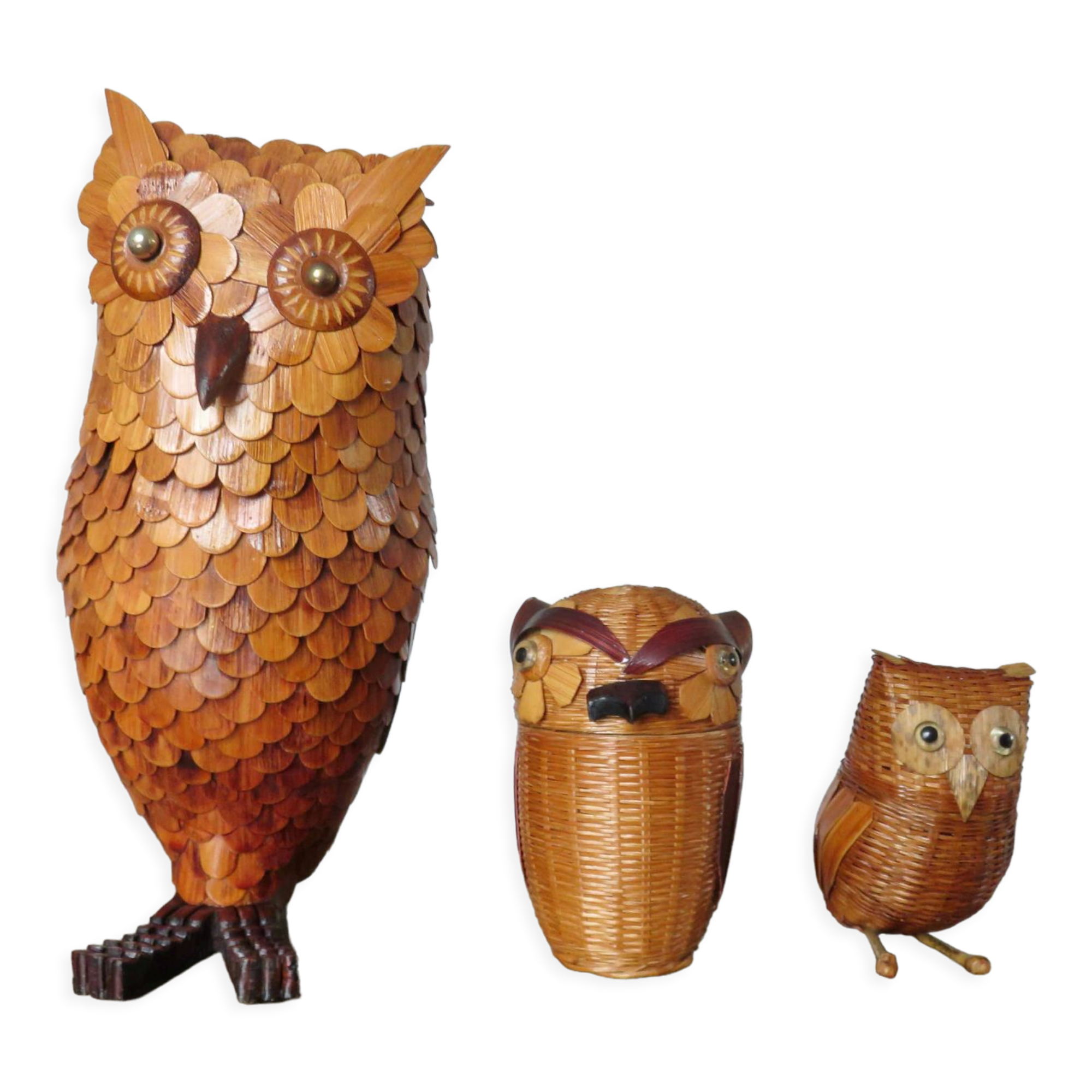 Set of 3 boxes "owl" bamboo 70s