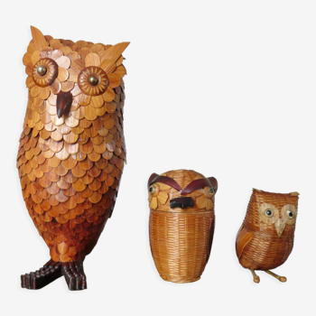 Set of 3 boxes "owl" bamboo 70s