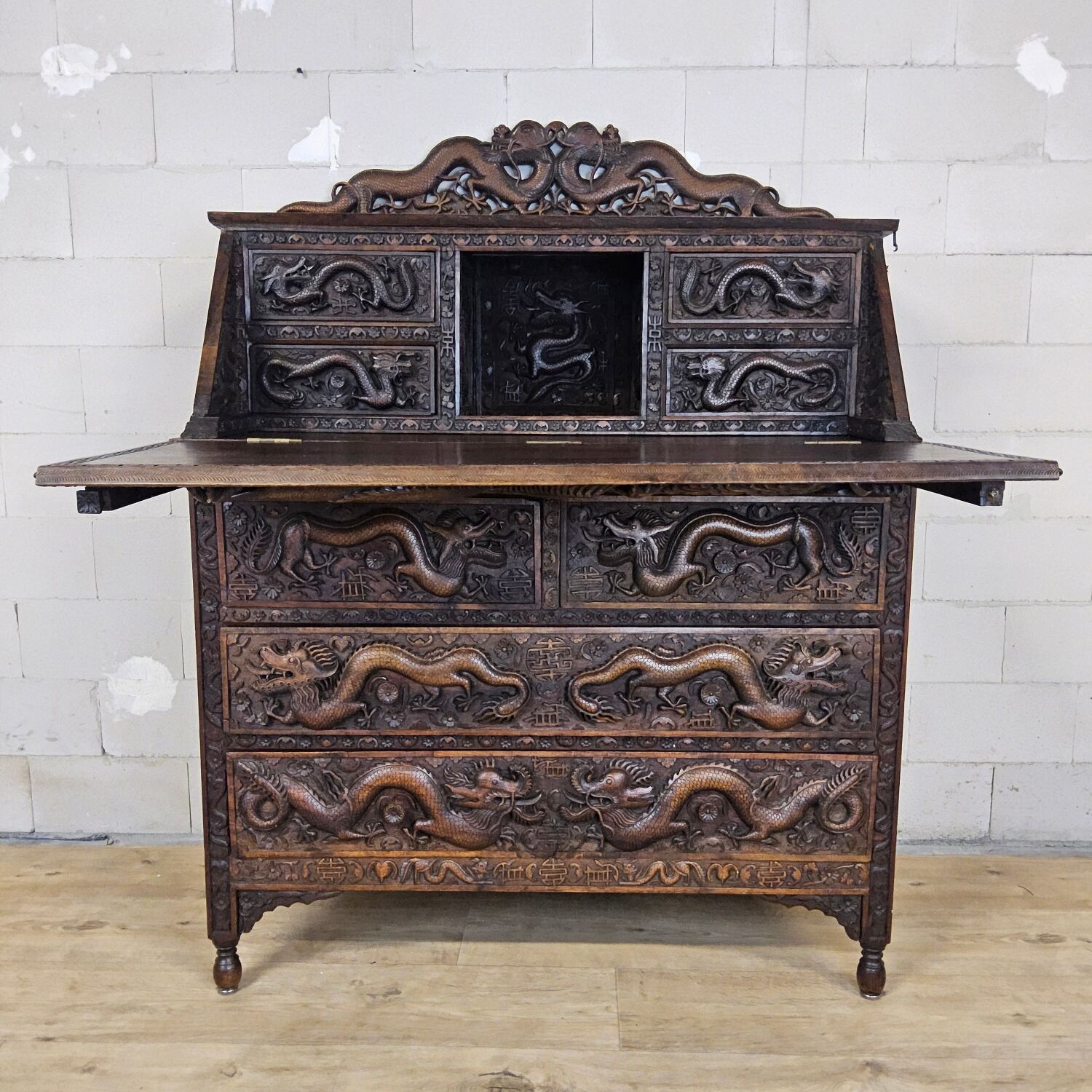 Antique 19th-century Chinese secretary with dragon woodcarving