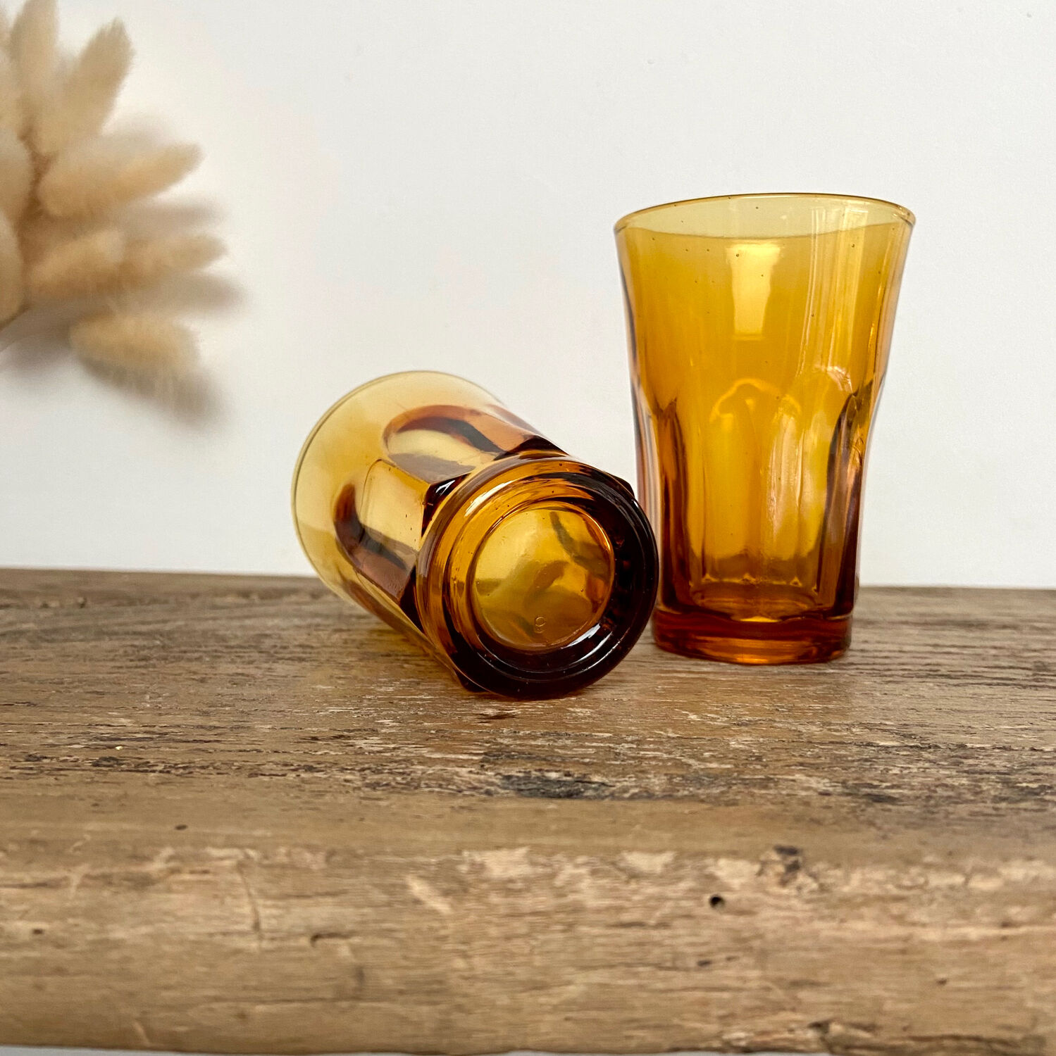 6 vintage amber glasses