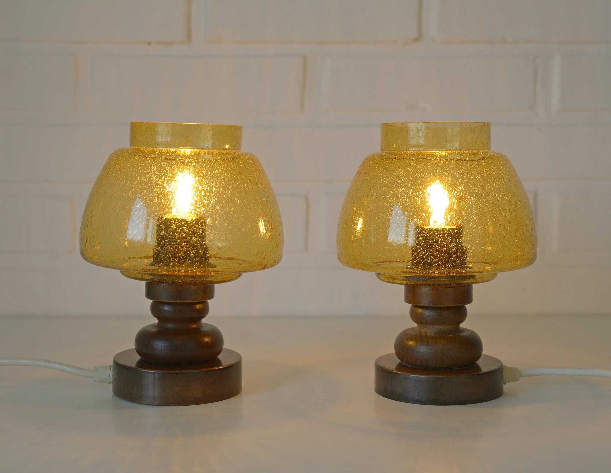 Pair Vintage Amber Glass Bedside Lamps, Copper Wood, Yugoslavia 1980s