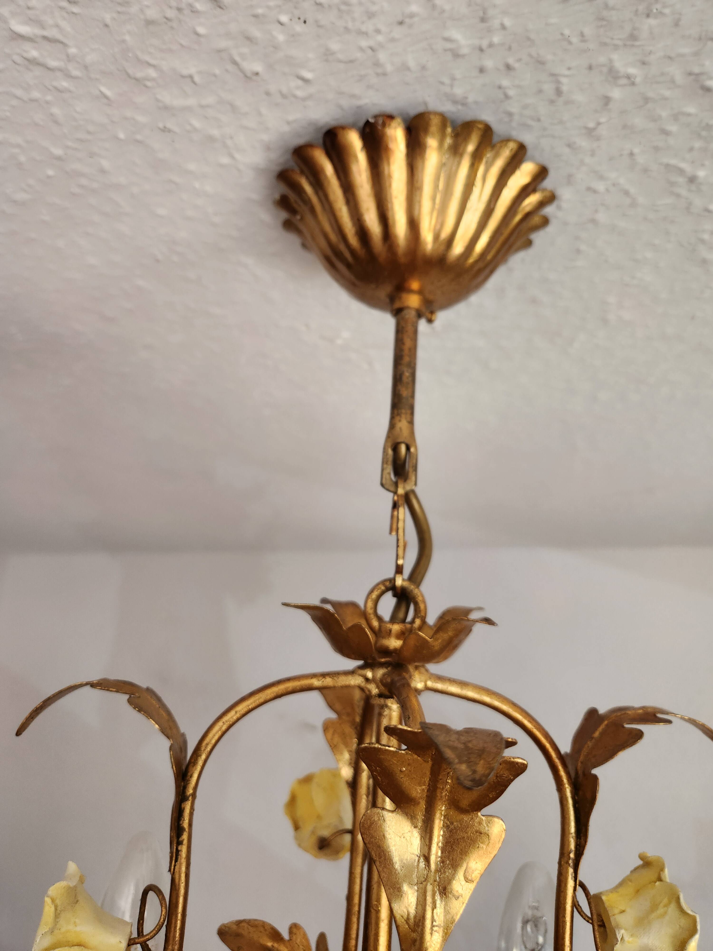 Vintage gilded hand-forged Florentine ceiling light with porcelain roses.
