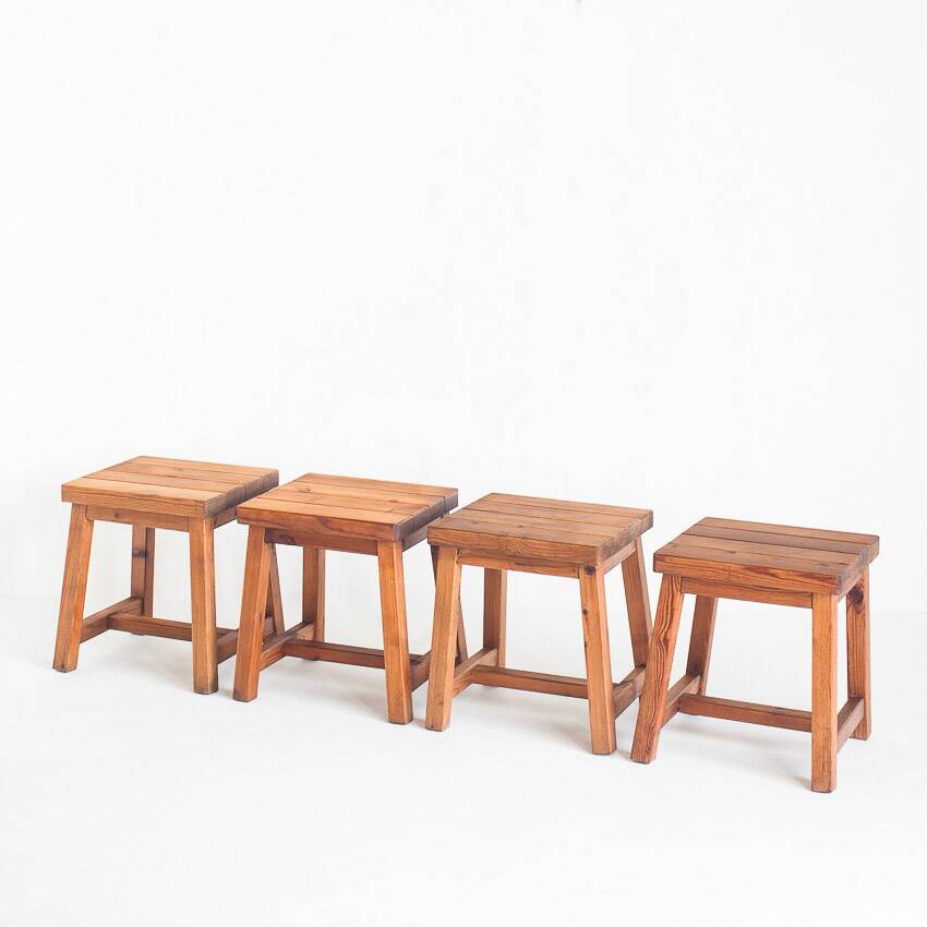 Set of 4 vintage pine stools. France, 1980s