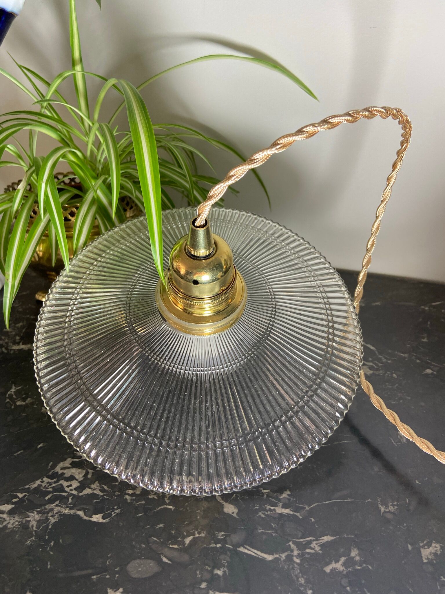 Vintage holophanous glass pendant lamp