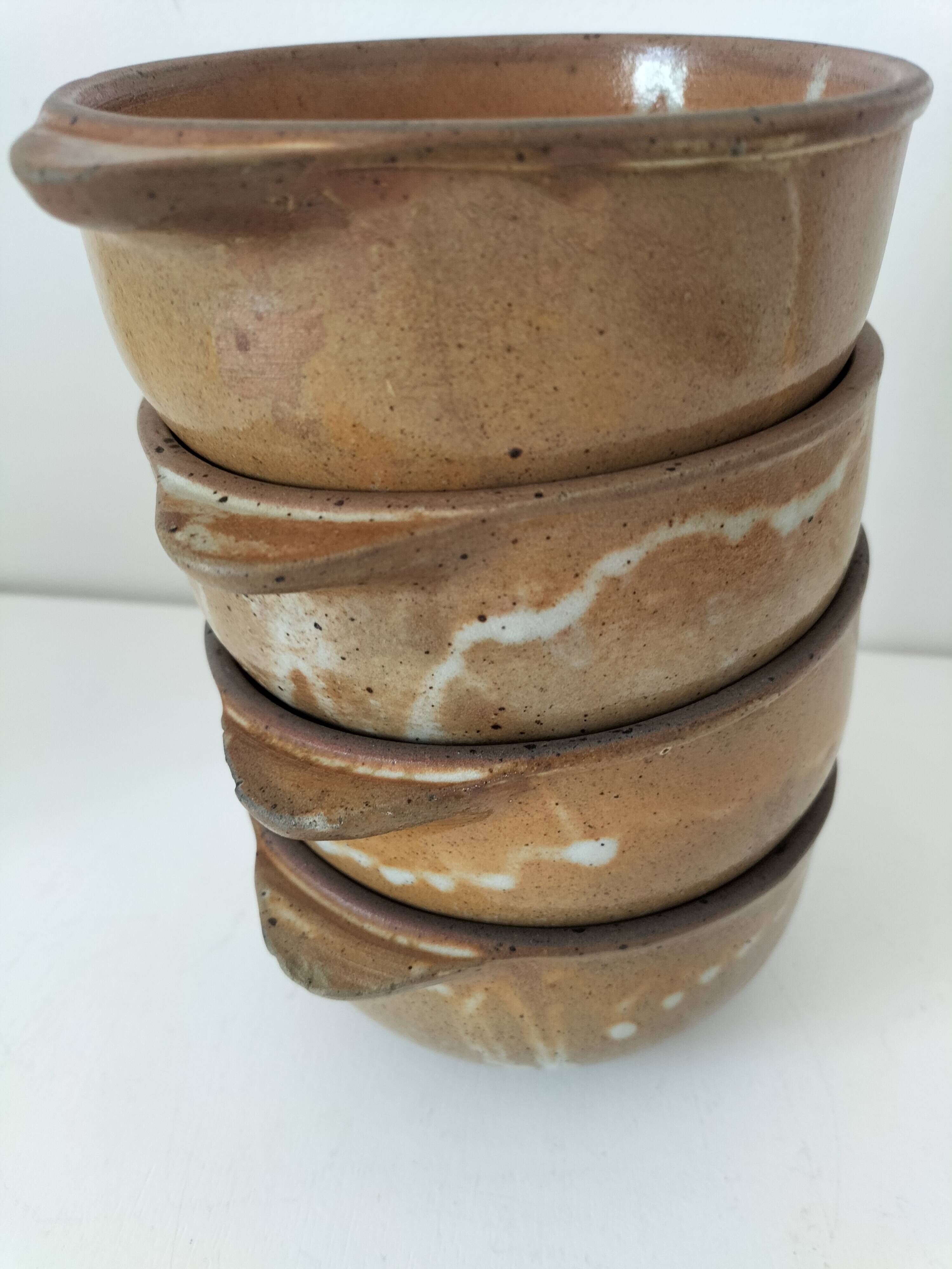 4 vintage handmade flamed stoneware ear bowls
