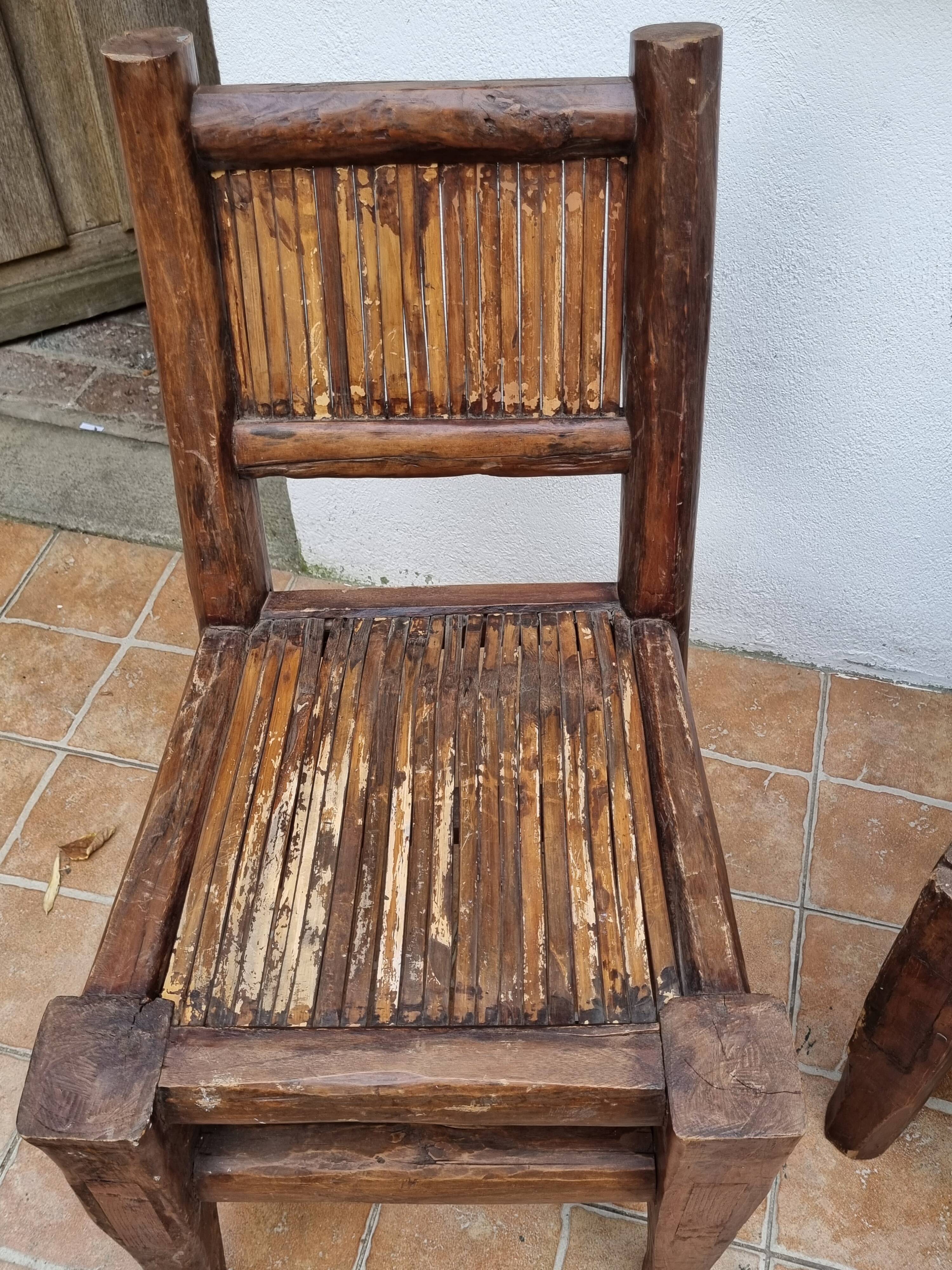 Pair of solid wood and bamboo chairs, brutalist style, 90 cm