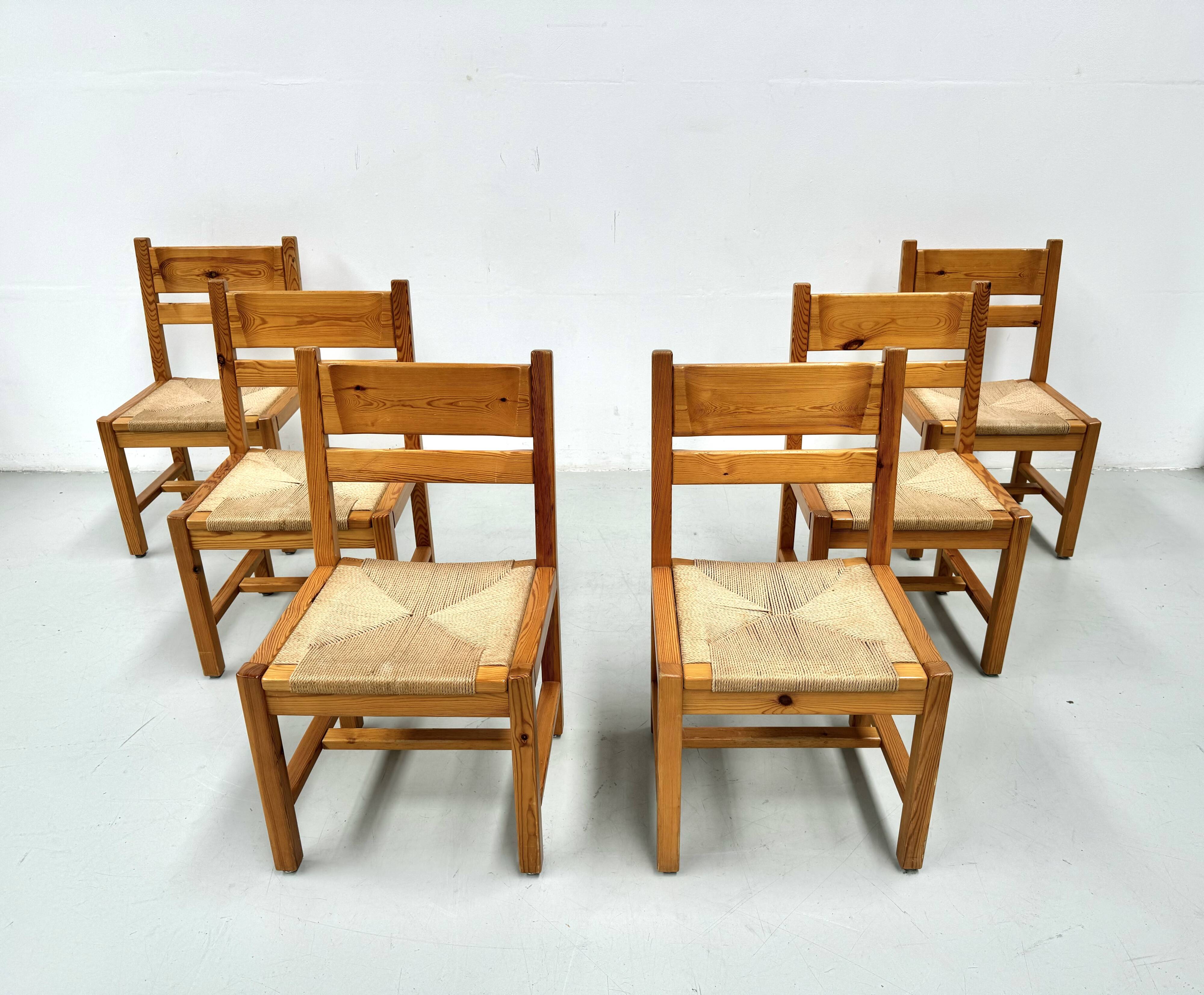 Chaises danoises vintage en pin avec corde en papier par TP Design pour Gm Møbler, années 1970, lot de 6