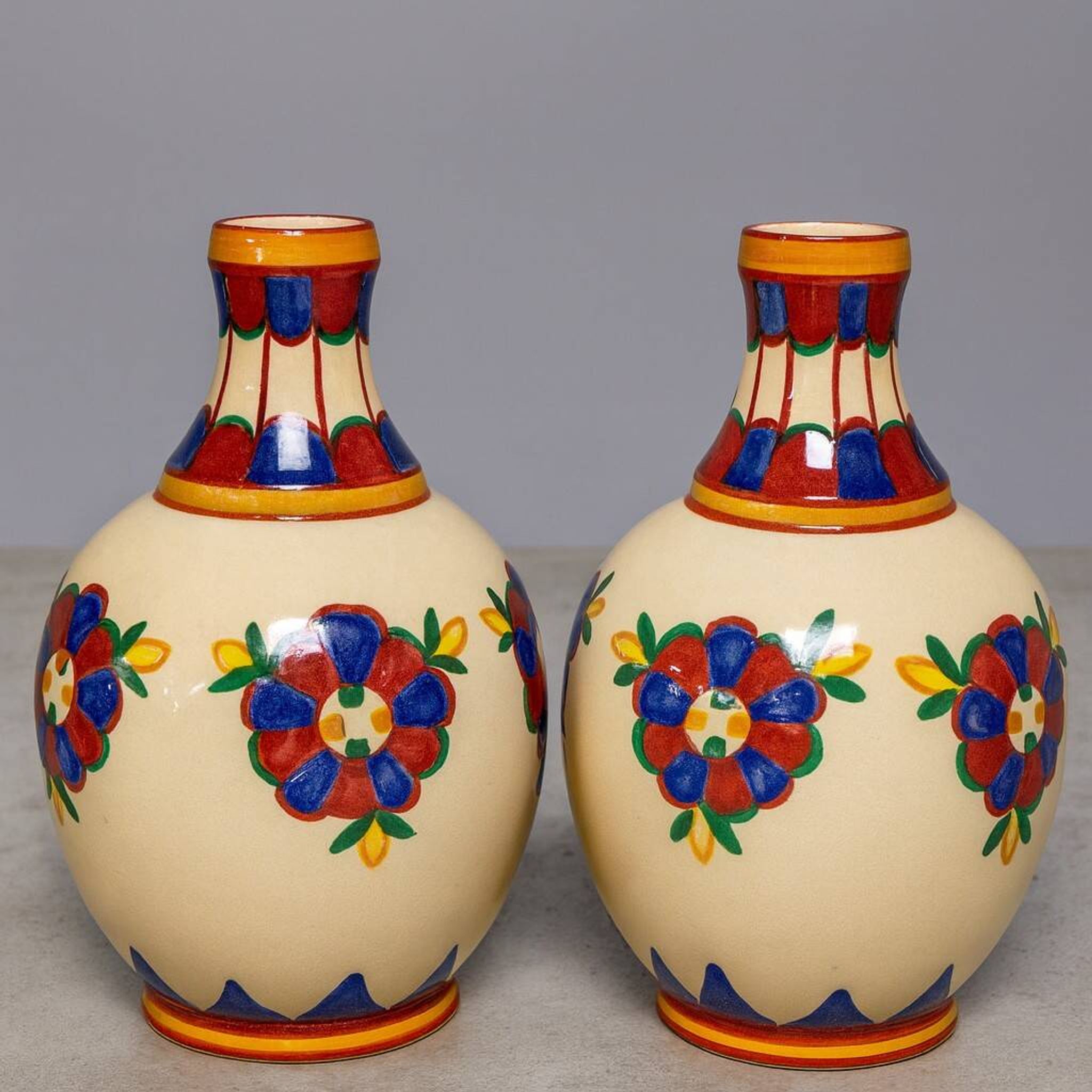 Desvres by Henri Delcourt: pair of signed Art Deco vases.