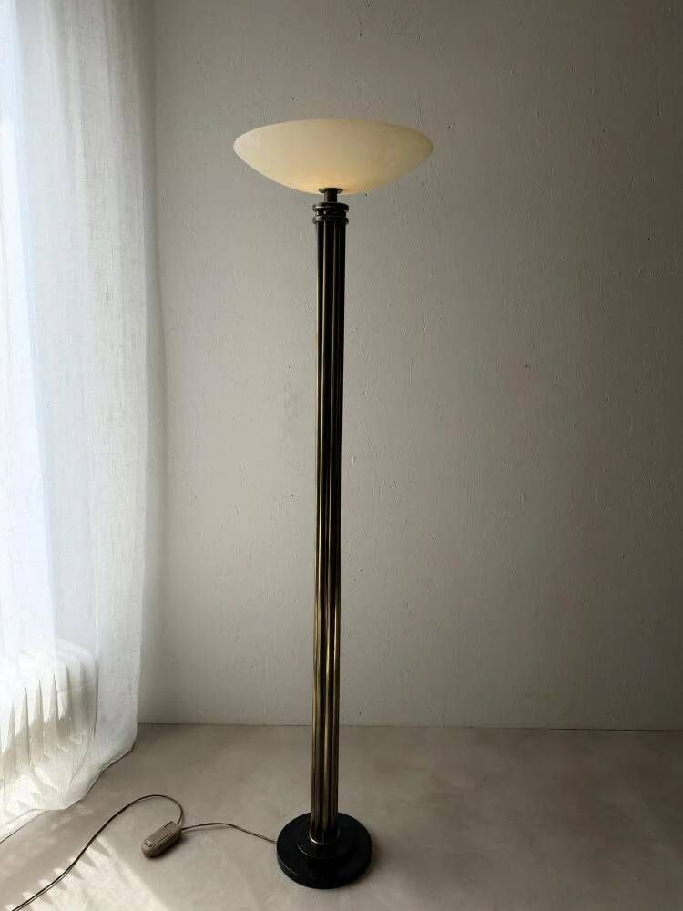 Lumiere brass floor lamp with glass uplighter France 1980s