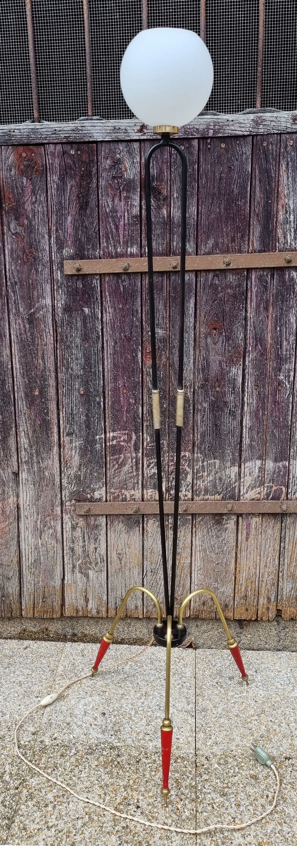 Tripod floor lamp design, steel, brass and opaline, vintage, 50s