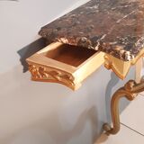 Louis XV style wall lamp console, twentieth century, wood and gilded stucco marble top