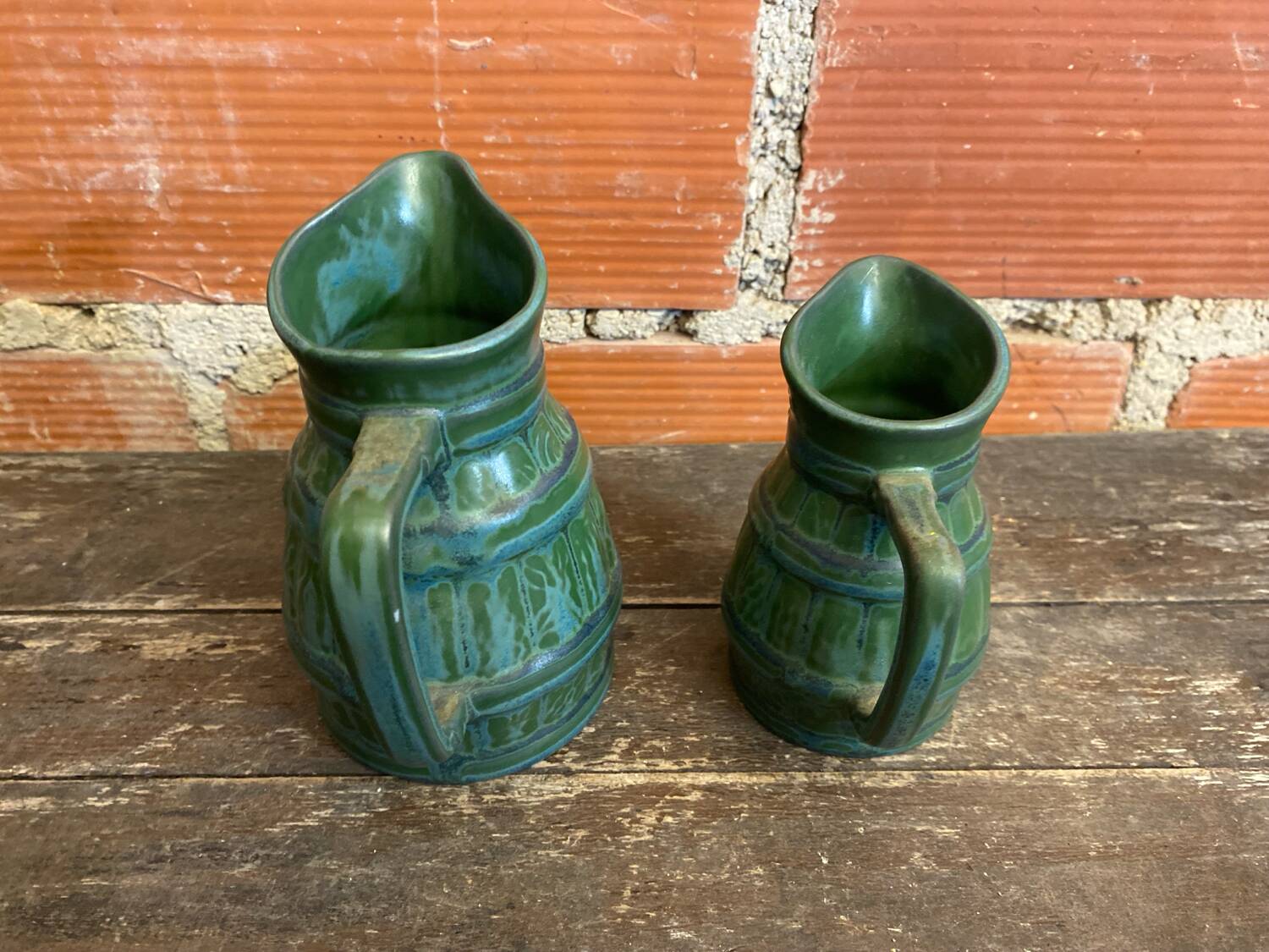 Pair of Vintage 70s Green Glazed Ceramic Barrel-Shaped Jugs
