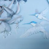Two vintage paintings made with feathers, hummingbird motif