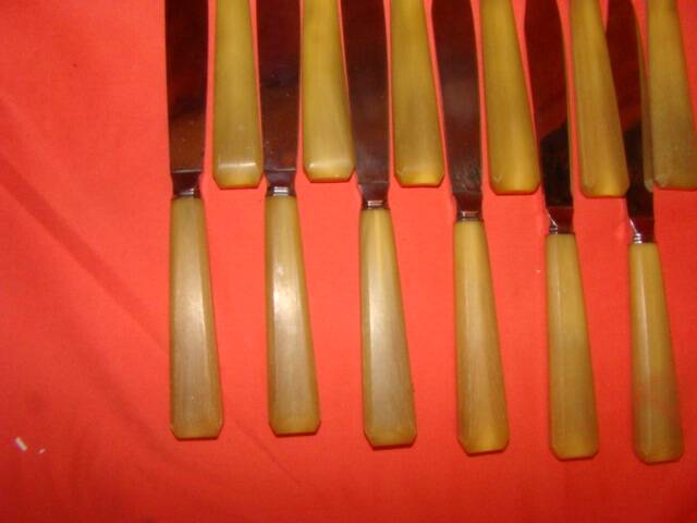 Set of 12 table knives and 12 cheese knives in bone and stainless steel.