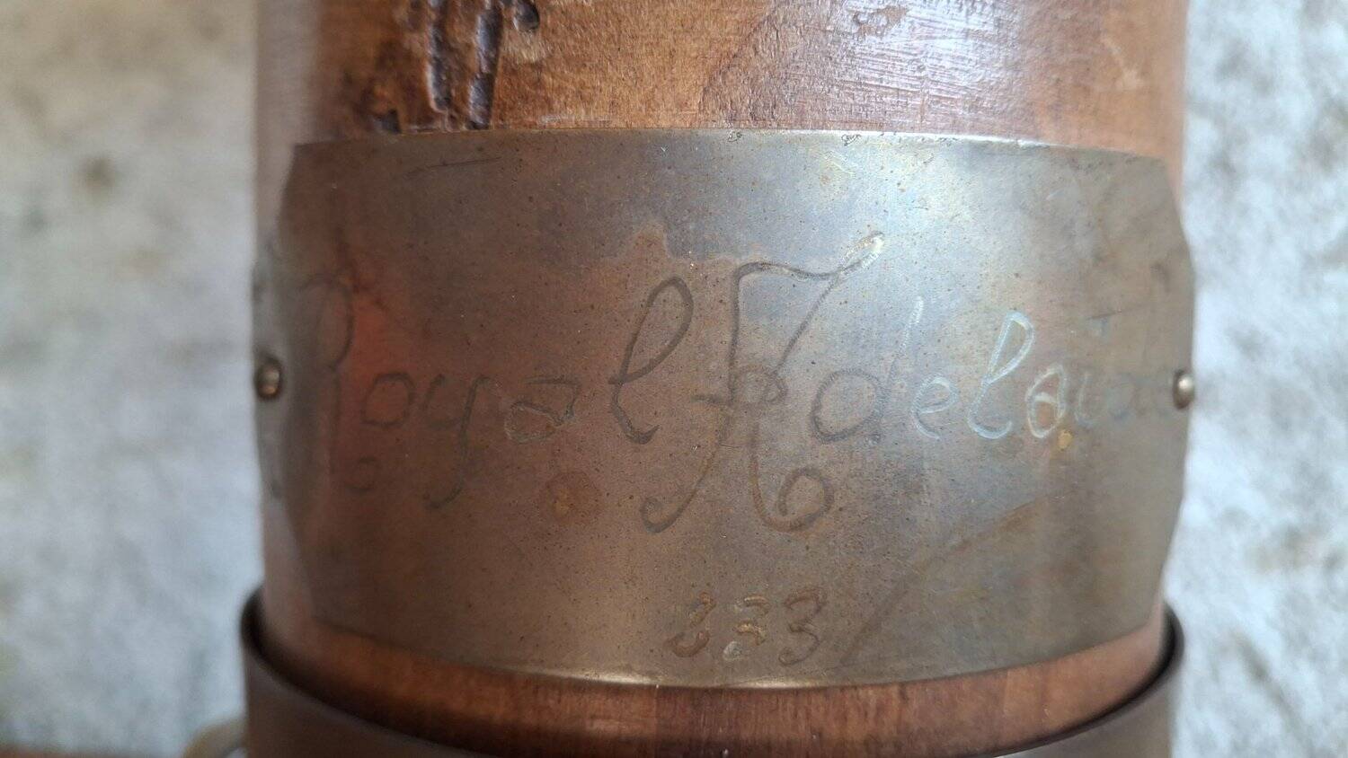 Antique turned wood lamp with engraved brass, Royal Adelaide.