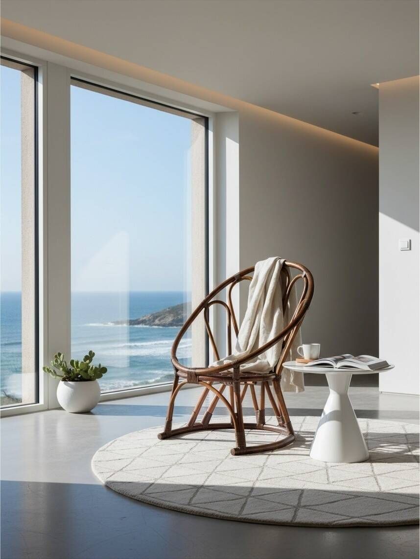 Fauteuil corbeille vintage en rotin à dossier soleil – Style Riviera, année
