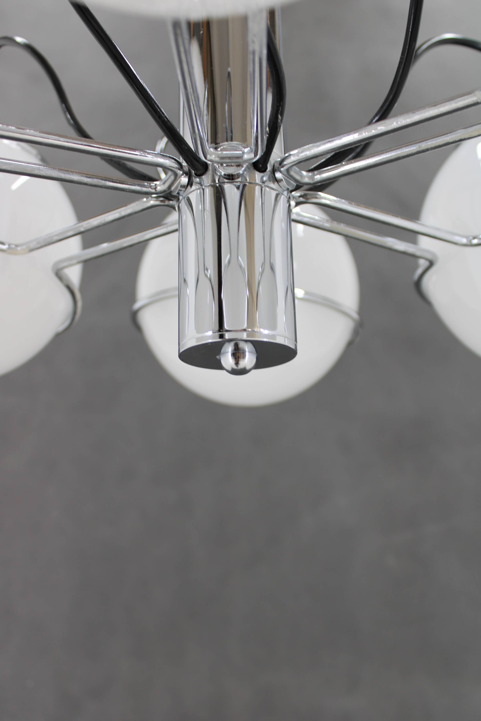 1970s Targetti Sankey Italian Chrome and Opaline Glass Chandelier