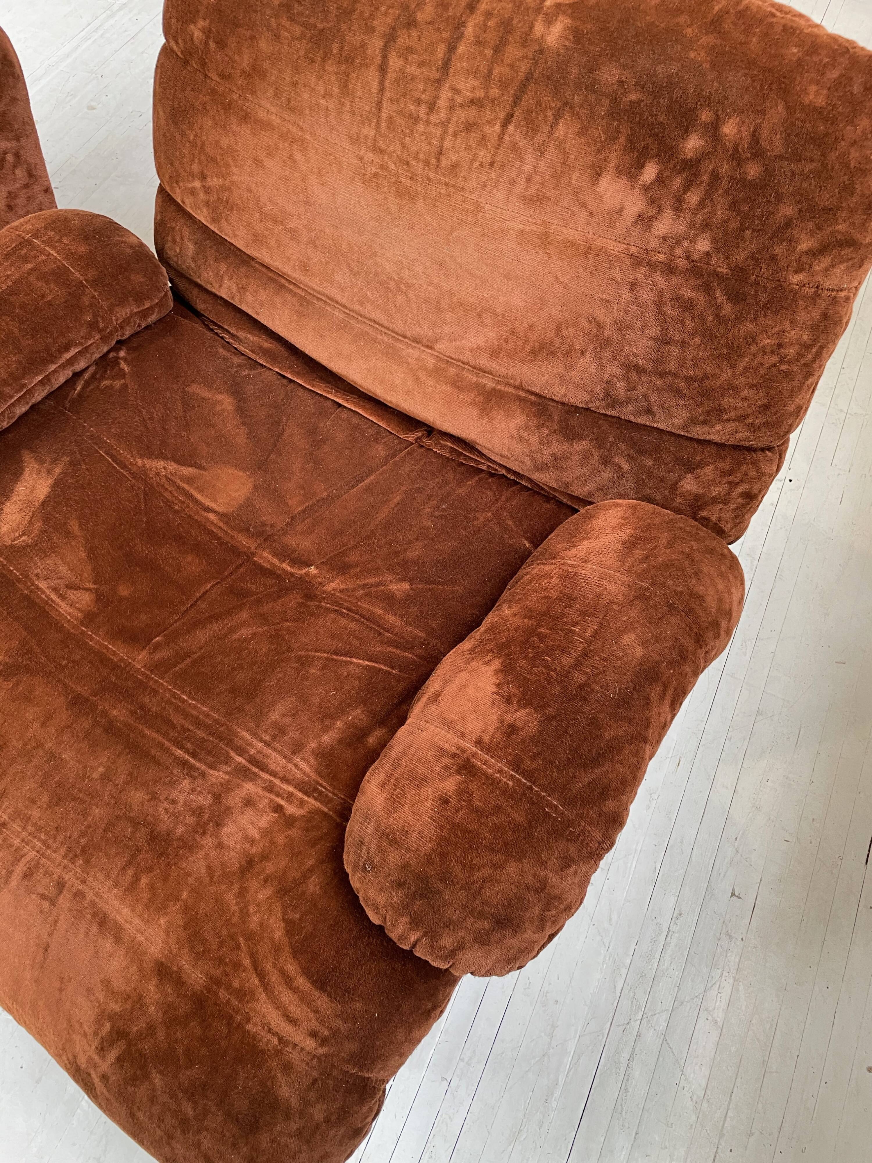 Pair 70s brown velvet armchairs