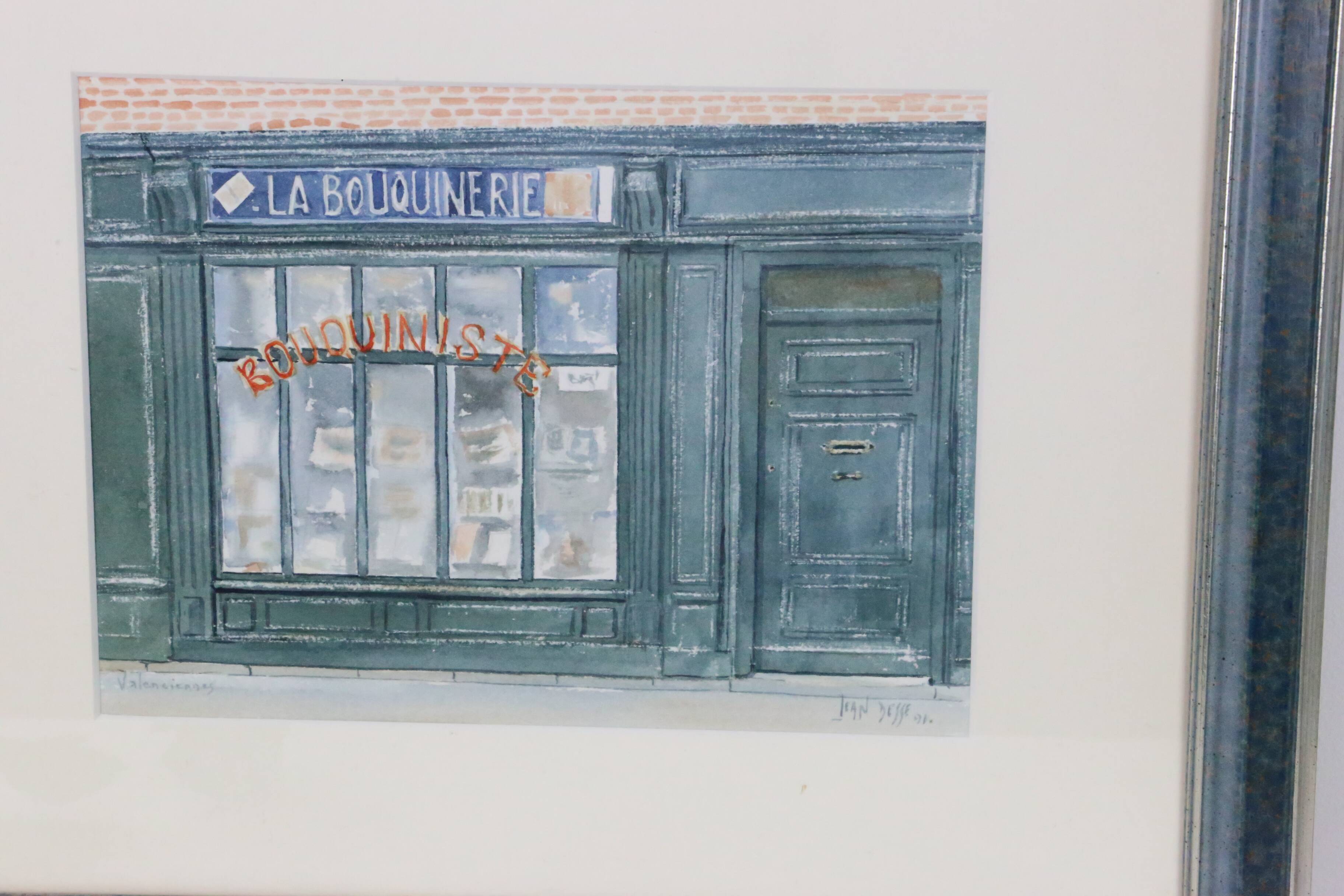 Watercolor 'The Bookstore' by Jean Desse, 1991