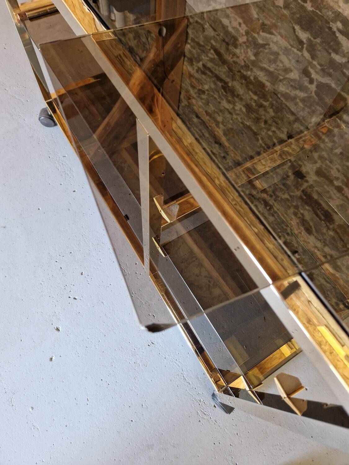 70s glass TV cabinet shelf console